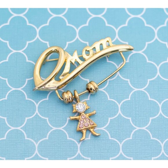 Vintage "Mom" Love Gold Tone Brooch by KIS - R15 - Picture 1 of 2
